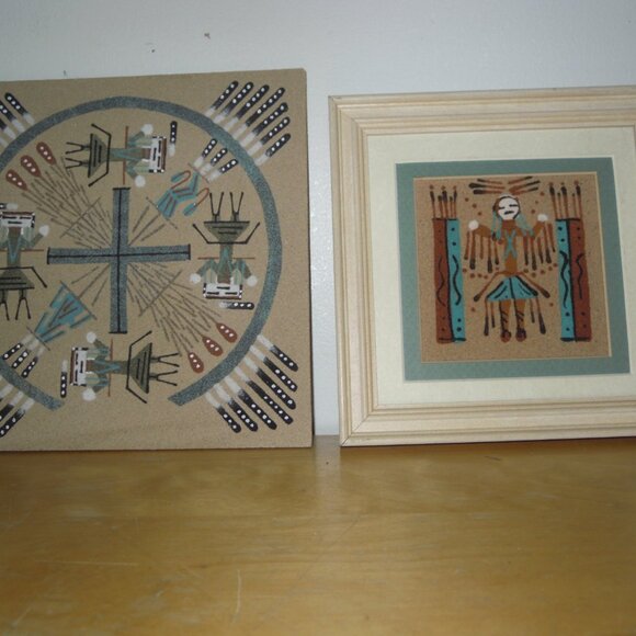2 Navajo Native American Sand Painting Picture Yei Figure Rainbow Bar Vintage - Picture 1 of 6